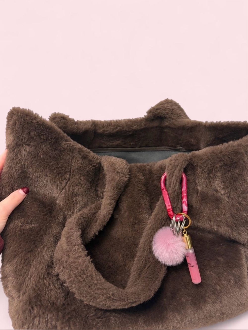 Brown Faux Fur Tote Bag with Pink Charm Keychain